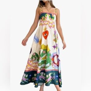 Fairytale Folklore Colorful Spaghetti Strap Square Neck Boho Maxi Dress Womens L